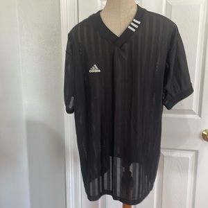 Vintage 90s Adidas top short sleeve 3 stripe collar athletic jersey black mens L